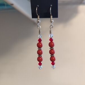 Red and Silver Linear Drop Earrings with Sparkling Beads